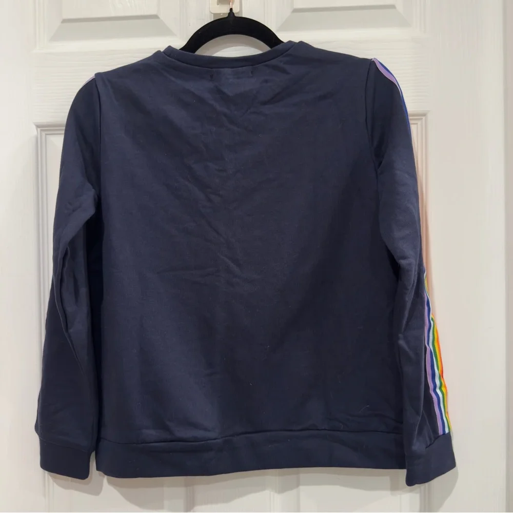Navy Blue Pullover Sweatshirt with Rainbow Striped Ribbon Panels on the Arms NWT - Picture 7 of 14
